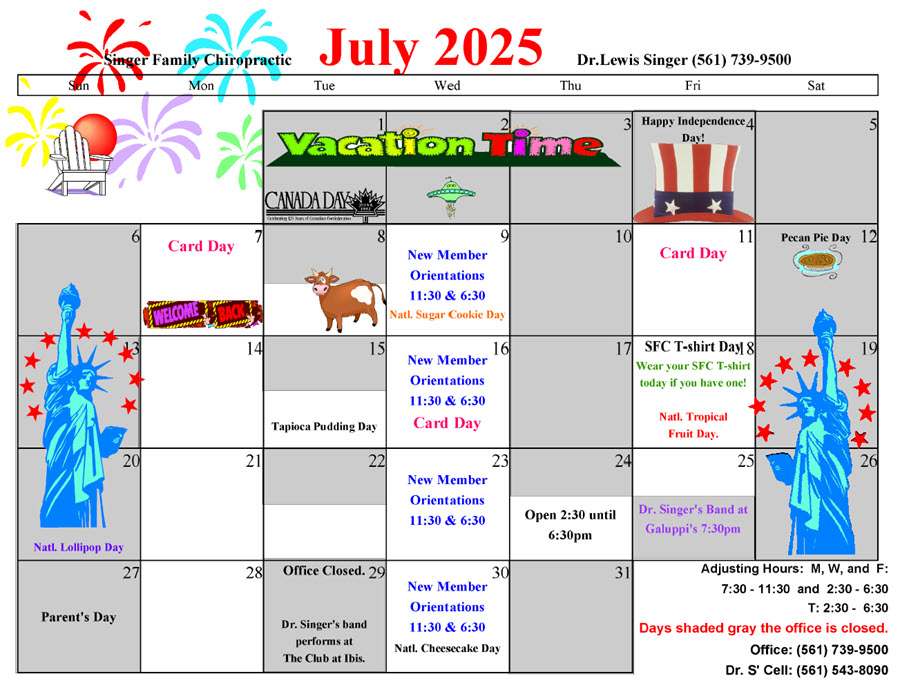 July 2025 Singer Chiropractic Calendar