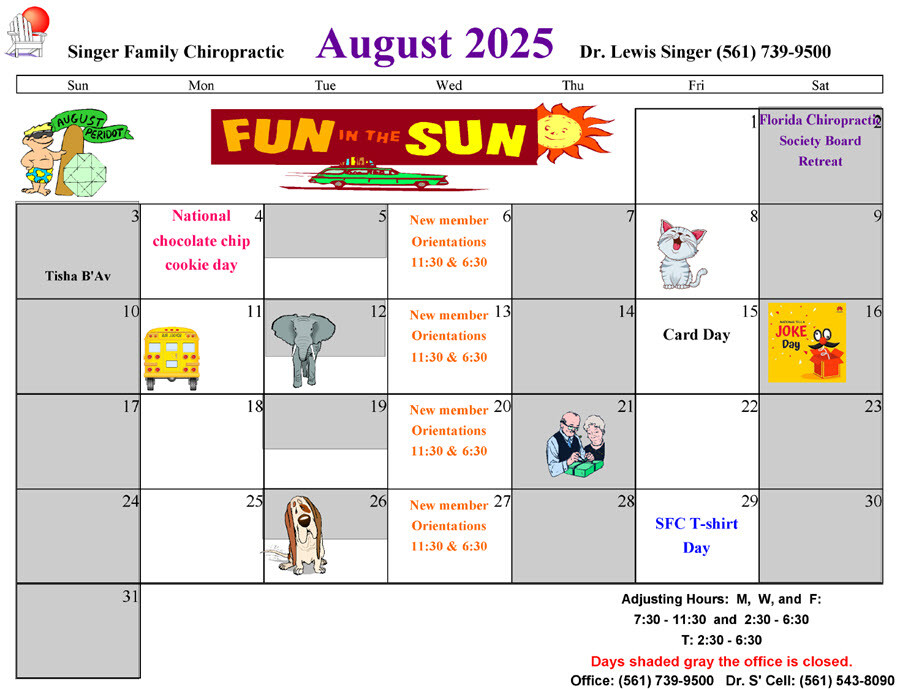 August 2025 Singer Chiropractic Calendar