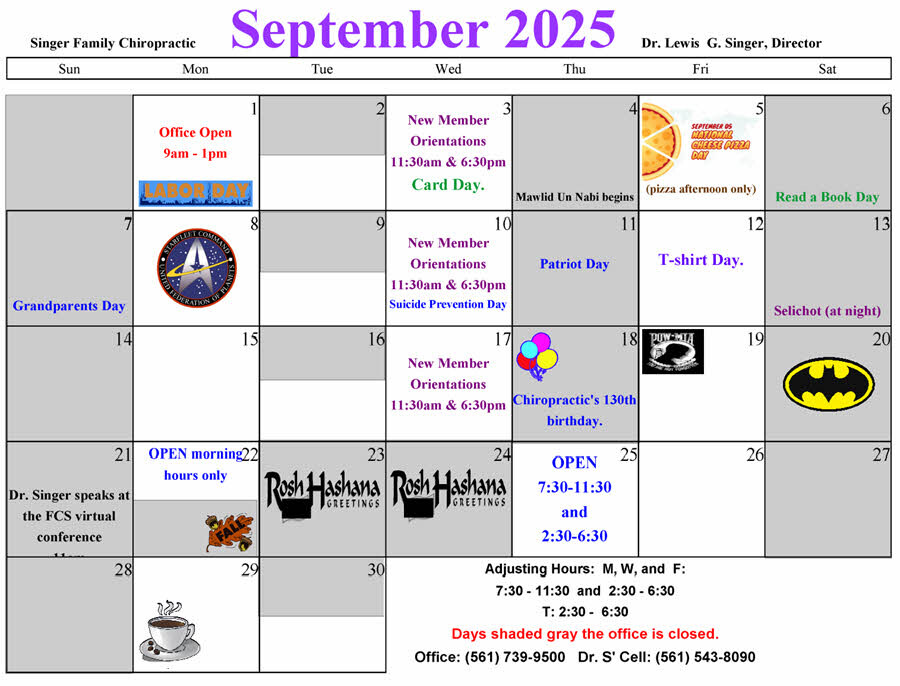 September 2025 Singer Chiropractic Calendar
