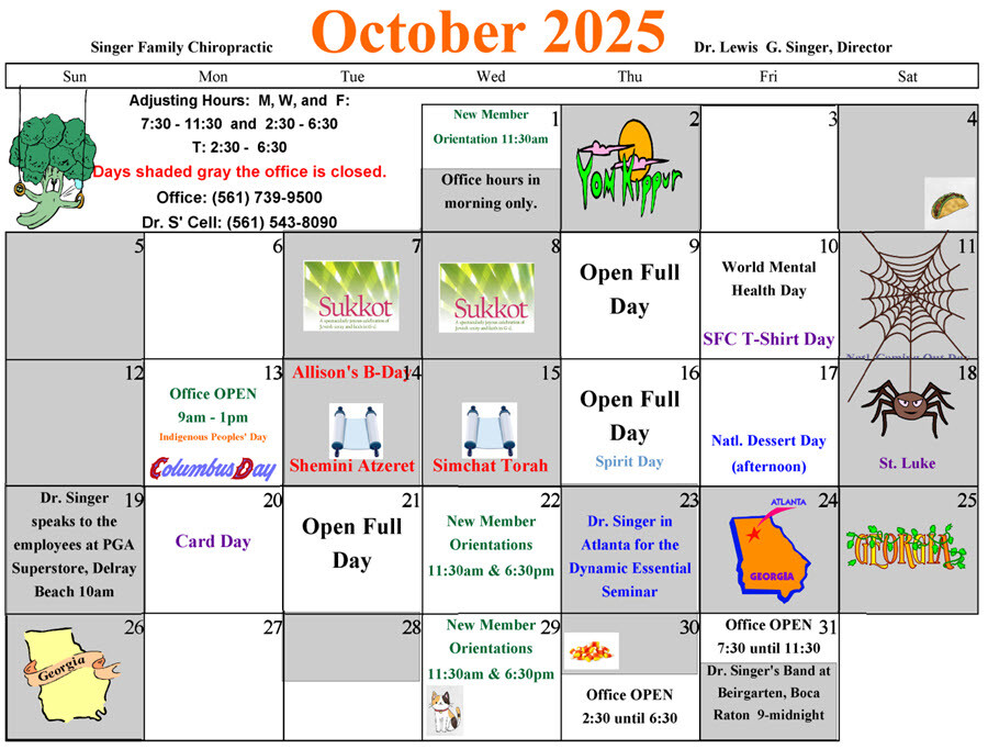 October 2025 Singer Chiropractic Calendar